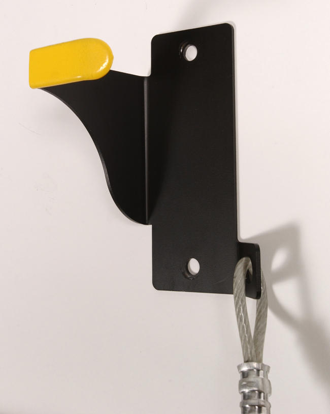 Heavy-duty Bicycle Wall Rider storage hanger with attached bike security cable.