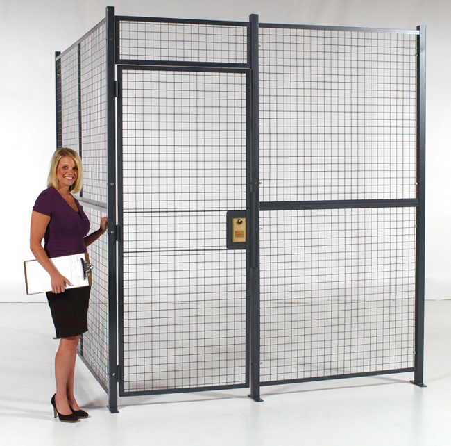 A Style 840 Wire Partition Cage constructed using wire mesh panels and configured with a locking, hinged door.